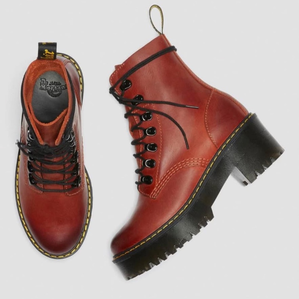 Dr. Martens Leather Leona Wyoming Brick Red Ankle Heeled Boots womens 7 NEW